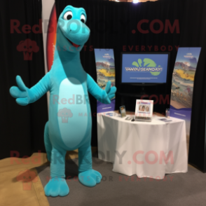 Turquoise Brachiosaurus mascot costume character dressed with a V-Neck Tee and Cummerbunds