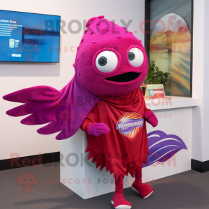 Magenta Fish Tacos mascot costume character dressed with a Running Shorts and Shawl pins