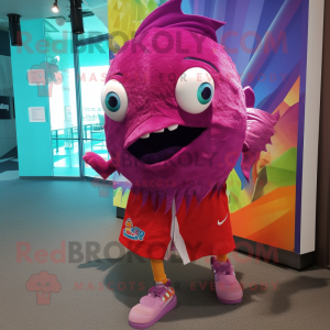 Magenta Fish Tacos mascot costume character dressed with a Running Shorts and Shawl pins