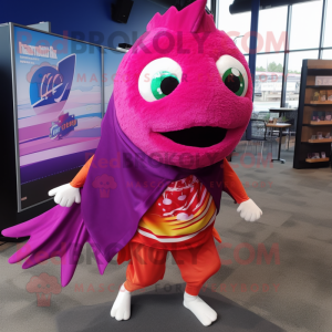 Magenta Fish Tacos mascot costume character dressed with a Running Shorts and Shawl pins