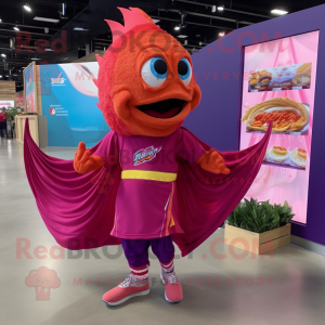 Magenta Fish Tacos mascot costume character dressed with a Running Shorts and Shawl pins