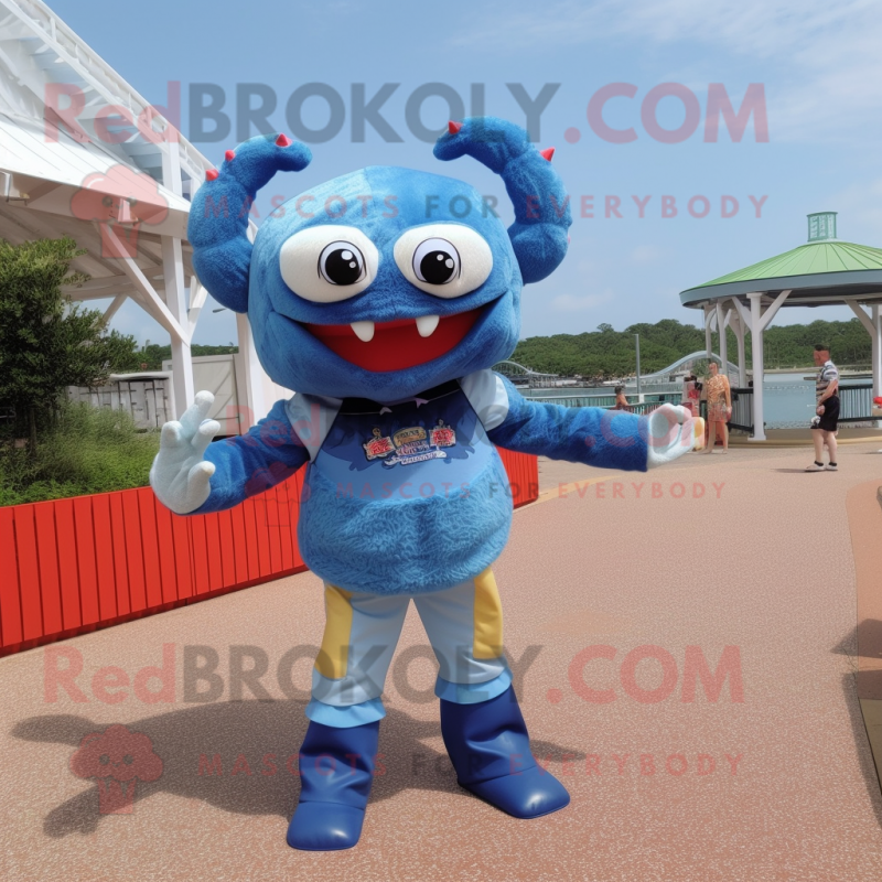 Blue Crab mascot costume character dressed with a Overalls and Hair clips