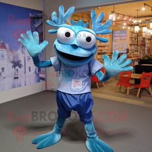 Blue Crab mascot costume character dressed with a Overalls and Hair clips