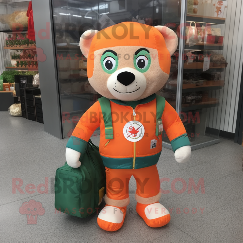 Orange Irish Flag mascot costume character dressed with a Bomber Jacket and Tote bags