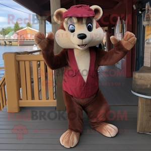 Maroon Weasel mascot costume character dressed with a Corduroy Pants and Earrings