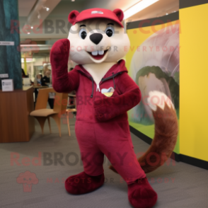Maroon Weasel mascot costume character dressed with a Corduroy Pants and Earrings