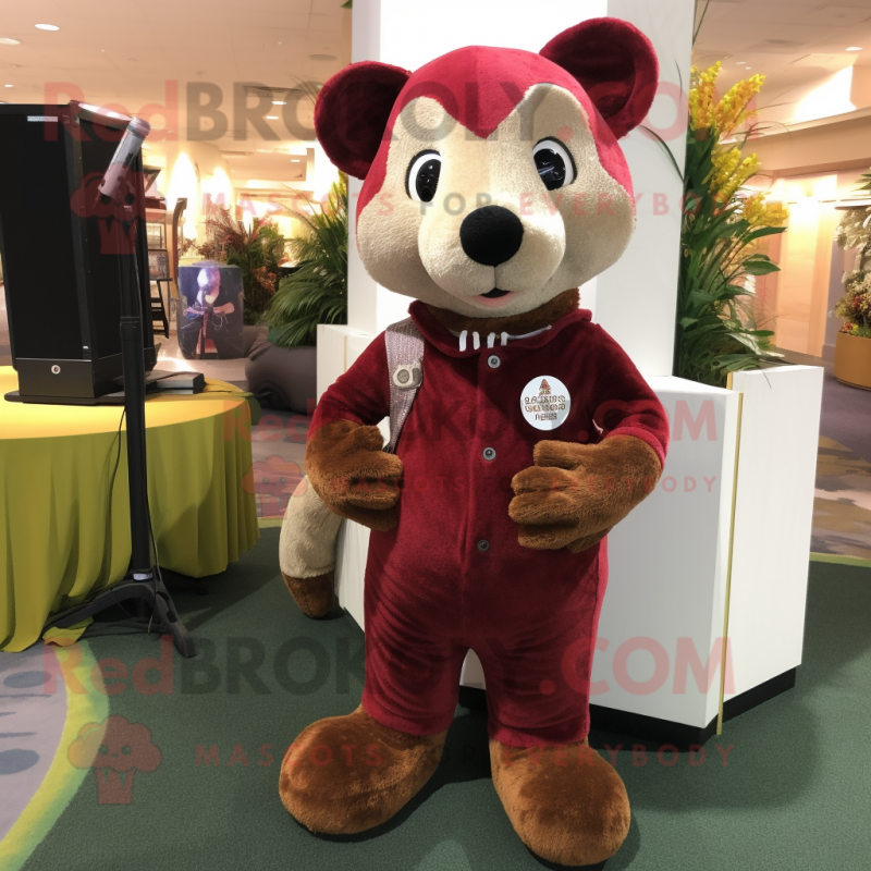 Maroon Weasel mascot costume character dressed with a Corduroy Pants and Earrings