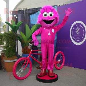 Magenta Unicyclist mascot costume character dressed with a Romper and Keychains