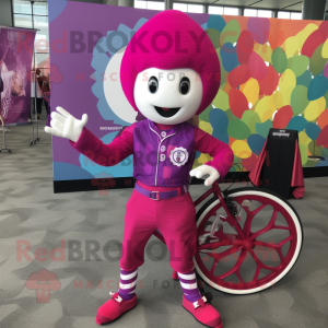 Magenta Unicyclist mascot costume character dressed with a Romper and Keychains