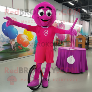 Magenta Unicyclist mascot costume character dressed with a Romper and Keychains