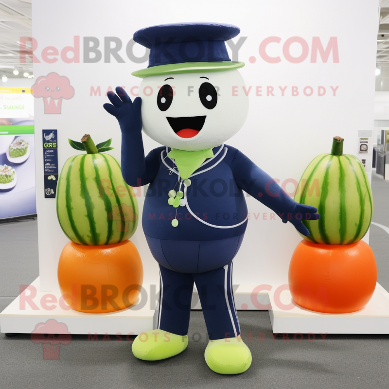 Navy Melon mascot costume character dressed with a Leggings and Bracelets Navy Melon mascot costume character dressed with a Leggings and Bracelets
