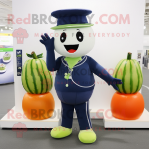 Navy Melon mascot costume character dressed with a Leggings and Bracelets