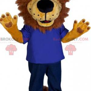 løve maskot med blå jersey og jeans. - Redbrokoly.com