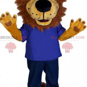 mascotte leone con una maglia blu e jeans. - Redbrokoly.com