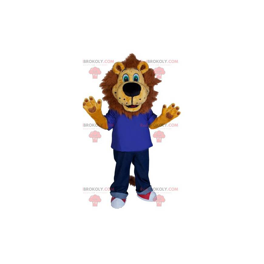 leeuw mascotte met een blauwe trui en spijkerbroek. -