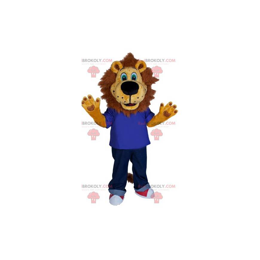 mascote leão com uma camisa azul e jeans. - Redbrokoly.com