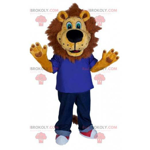 leeuw mascotte met een blauwe trui en spijkerbroek. -