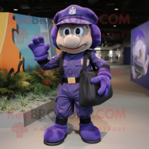 Purple Navy Soldier mascot costume character dressed with a Cargo Shorts and Handbags