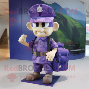 Purple Navy Soldier mascot costume character dressed with a Cargo Shorts and Handbags