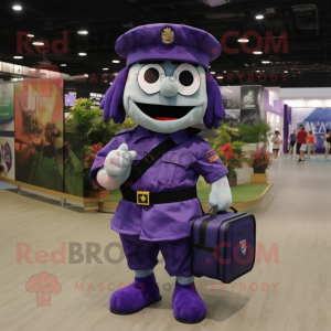 Purple Navy Soldier mascot costume character dressed with a Cargo Shorts and Handbags