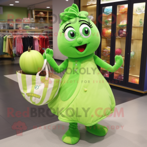 Lime Green Raspberry mascot costume character dressed with a Ball Gown and Tote bags