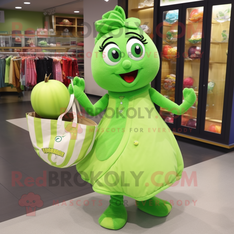 Lime Green Raspberry mascot costume character dressed with a Ball Gown and Tote bags Lime Green Raspberry mascot costume character dressed with a Ball Gown and Tote bags