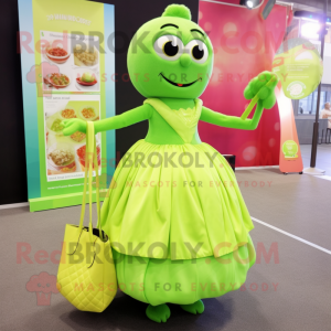 Lime Green Raspberry mascot costume character dressed with a Ball Gown and Tote bags