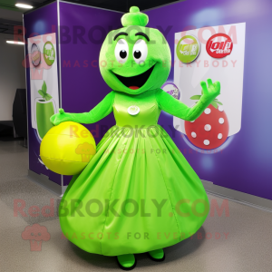 Lime Green Raspberry mascot costume character dressed with a Ball Gown and Tote bags