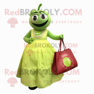 Lime Green Raspberry mascot costume character dressed with a Ball Gown and Tote bags