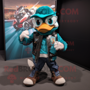 Teal Juggle mascot costume character dressed with a Moto Jacket and Scarves