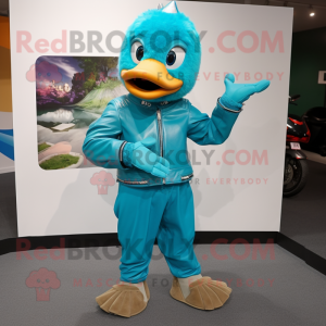 Teal Juggle mascot costume character dressed with a Moto Jacket and Scarves