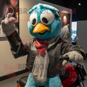 Teal Juggle mascot costume character dressed with a Moto Jacket and Scarves