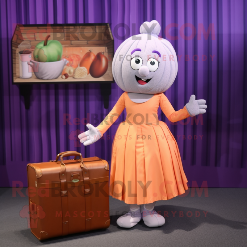 Lavender Apricot mascot costume character dressed with a Pleated Skirt and Briefcases