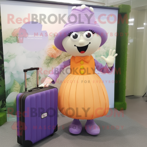 Lavender Apricot mascot costume character dressed with a Pleated Skirt and Briefcases