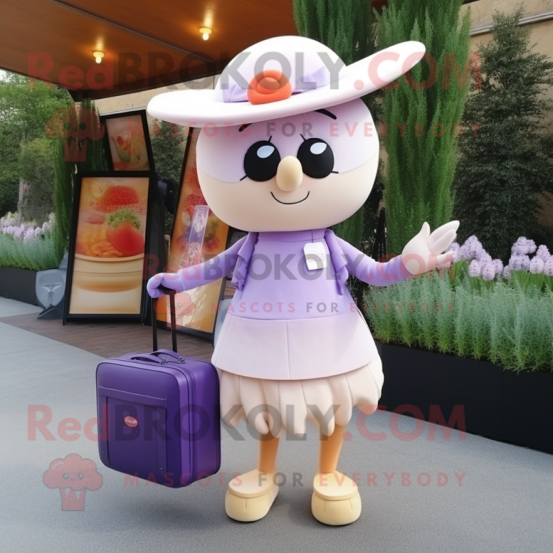 Lavender Apricot mascot costume character dressed with a Pleated Skirt and Briefcases