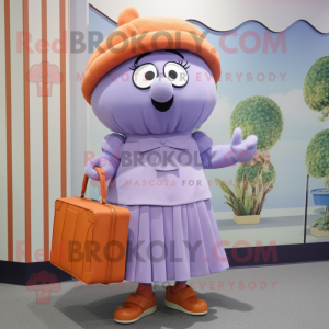 Lavender Apricot mascot costume character dressed with a Pleated Skirt and Briefcases