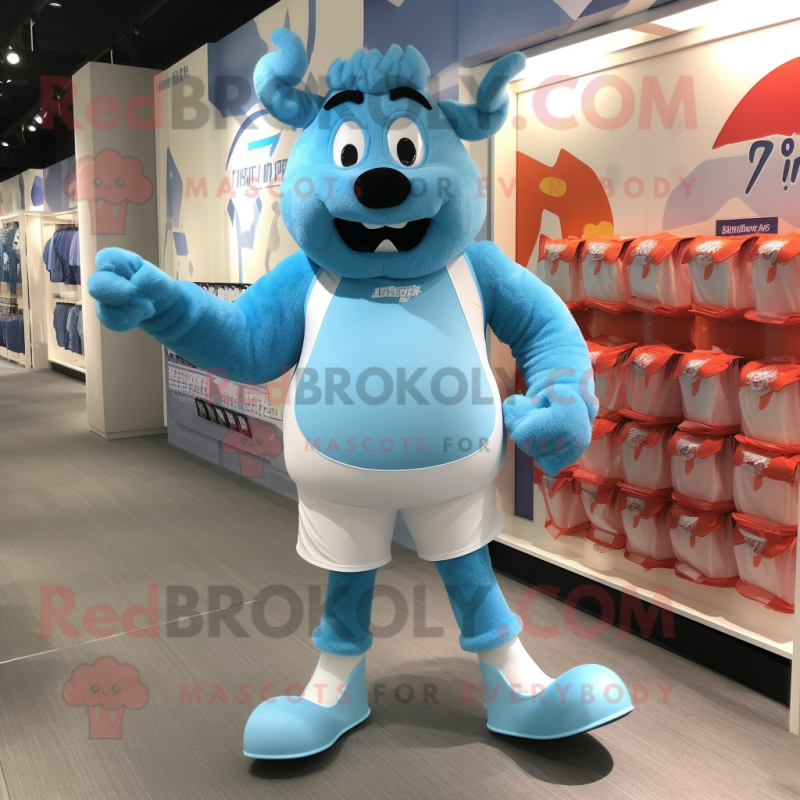 Sky Blue Steak mascot costume character dressed with a Running Shorts and Anklets Sky Blue Steak mascot costume character dressed with a Running Shorts and Anklets