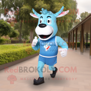 Sky Blue Steak mascot costume character dressed with a Running Shorts and Anklets