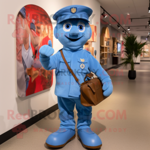 Blue American Soldier mascot costume character dressed with a Henley Shirt and Messenger bags