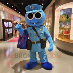Blue American Soldier mascot costume character dressed with a Henley Shirt and Messenger bags