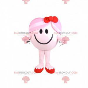 Mascotte de petite fille ronde et rose avec un nœud rouge -