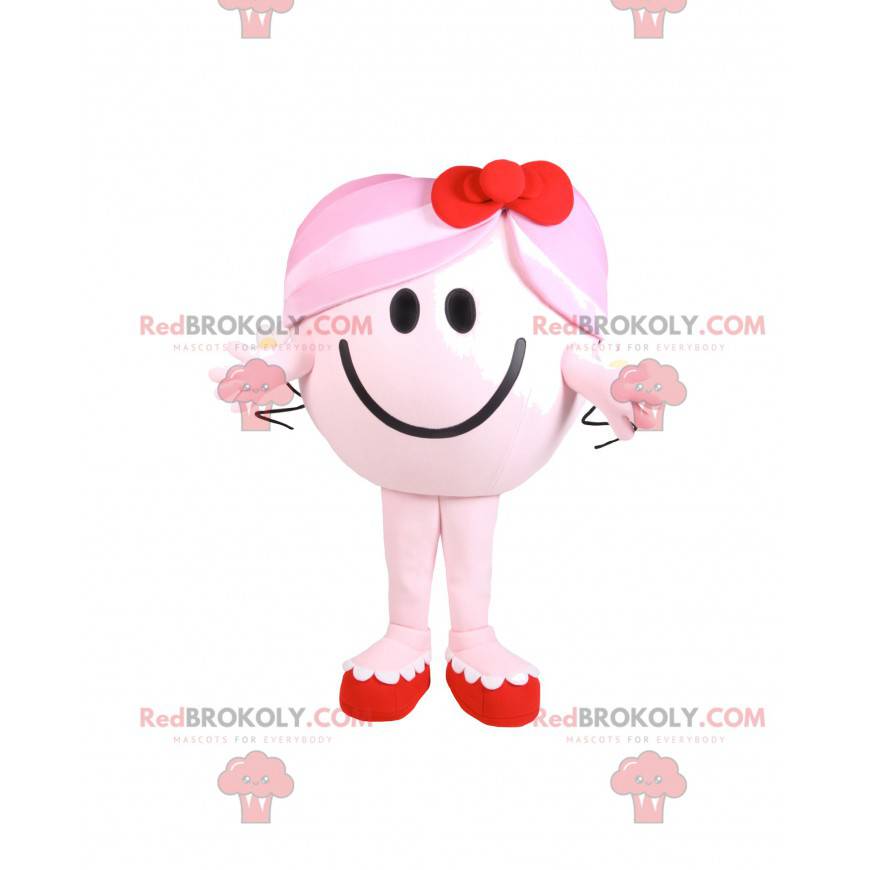 Klein meisje mascotte rond en roze met een rode strik -