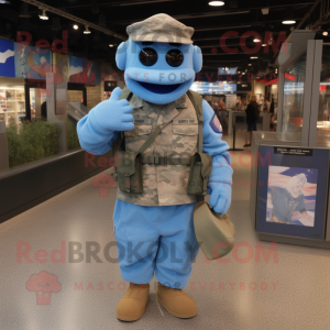 Blue American Soldier mascot costume character dressed with a Henley Shirt and Messenger bags