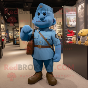 Blue American Soldier mascot costume character dressed with a Henley Shirt and Messenger bags