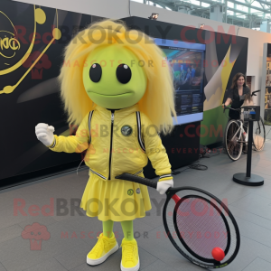 Lemon Yellow Tennis Racket mascot costume character dressed with a Moto Jacket and Hair clips