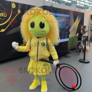 Lemon Yellow Tennis Racket mascot costume character dressed with a Moto Jacket and Hair clips