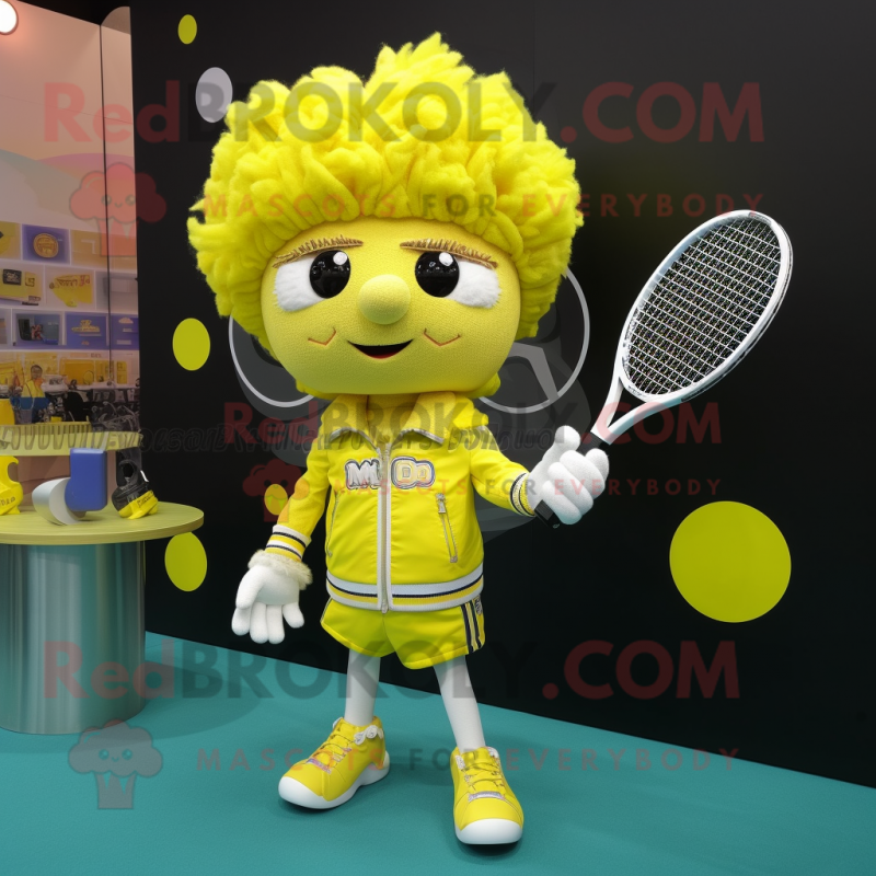 Lemon Yellow Tennis Racket mascot costume character dressed with a Moto Jacket and Hair clips