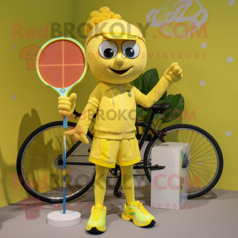 Lemon Yellow Tennis Racket mascot costume character dressed with a Moto Jacket and Hair clips