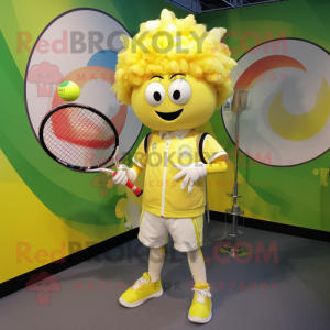 Lemon Yellow Tennis Racket mascot costume character dressed with a Moto Jacket and Hair clips
