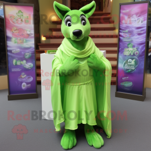 Lime Green Dingo mascot costume character dressed with a Empire Waist Dress and Shawls